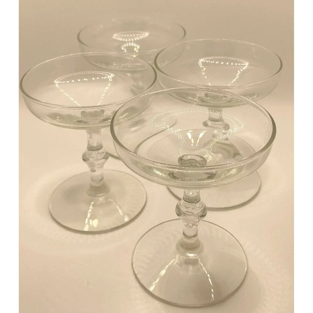 Vintage Clear Glass Champagne Coupe Cocktail Glasses Knop Stem Set of 4‎